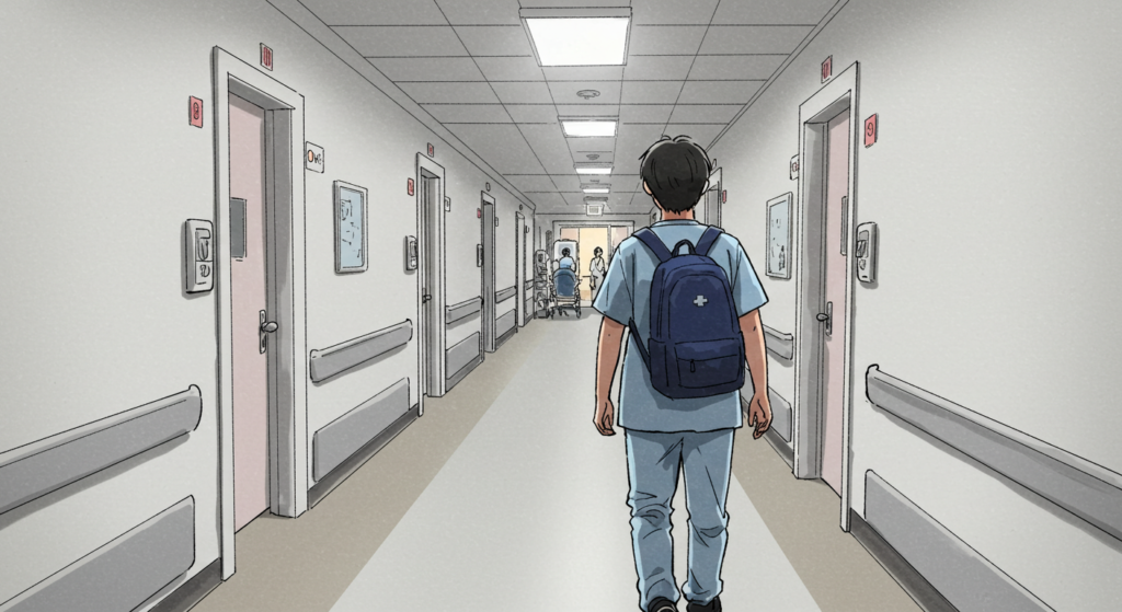 OT student walking in a large hospital