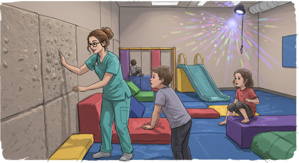 OT student in an outatient pediatric clinic sensory gym