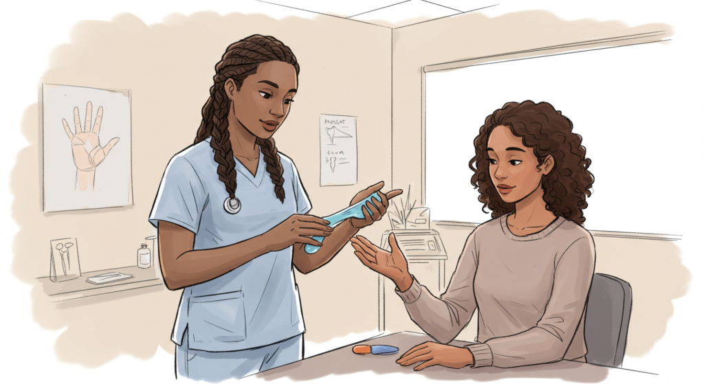 OT student in fieldwork in a hand therapy clinic working with a client