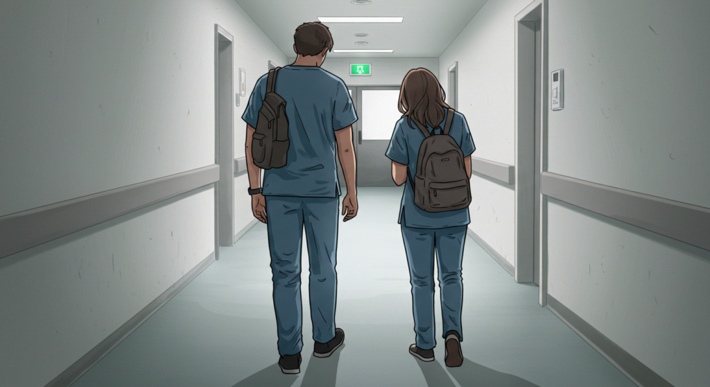 Two students leaving clinical rotation emotionally drained because of a toxic clinical instructor